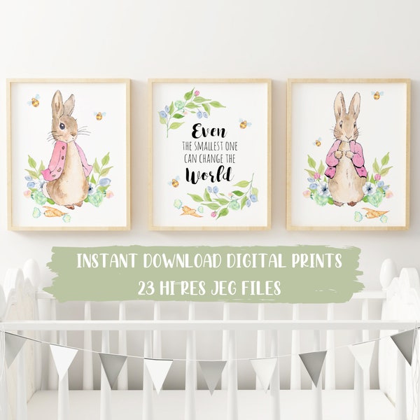 Pink Peter Rabbit Baby Nursery Wall Print Set, Even the Smallest One Quote, Beatrix Potter Baby Nursery Decor, Instant Digital Download