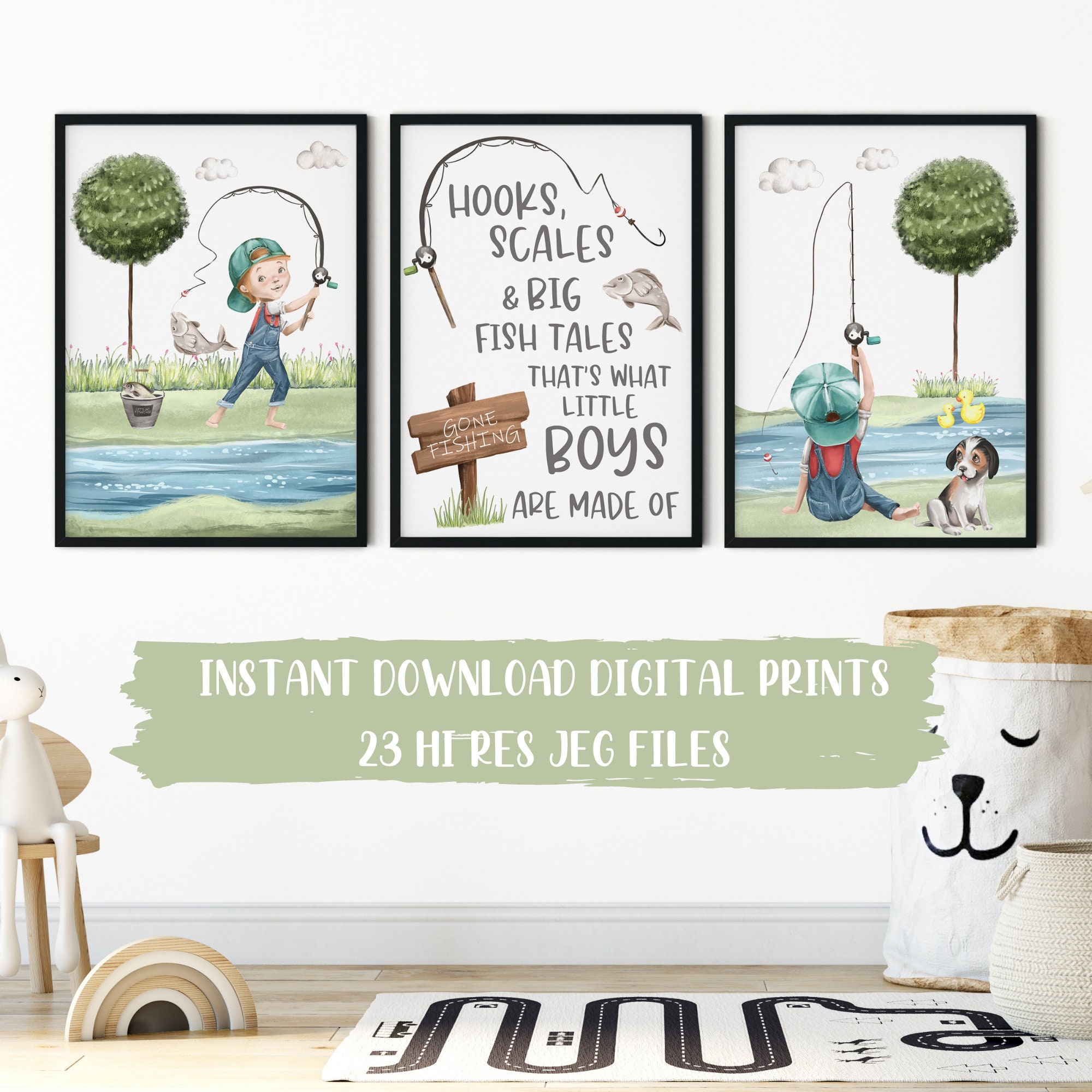 Instant Digital Download Fishing Nursery Art Print Wall Decor, Set