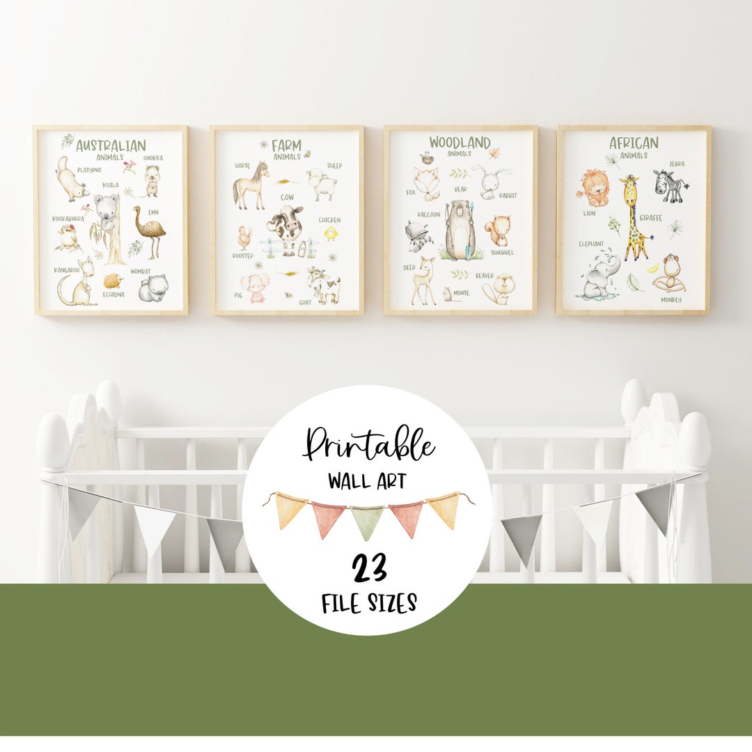 Instant Digital Download Educational Wall Print Set, Animals Kids ...