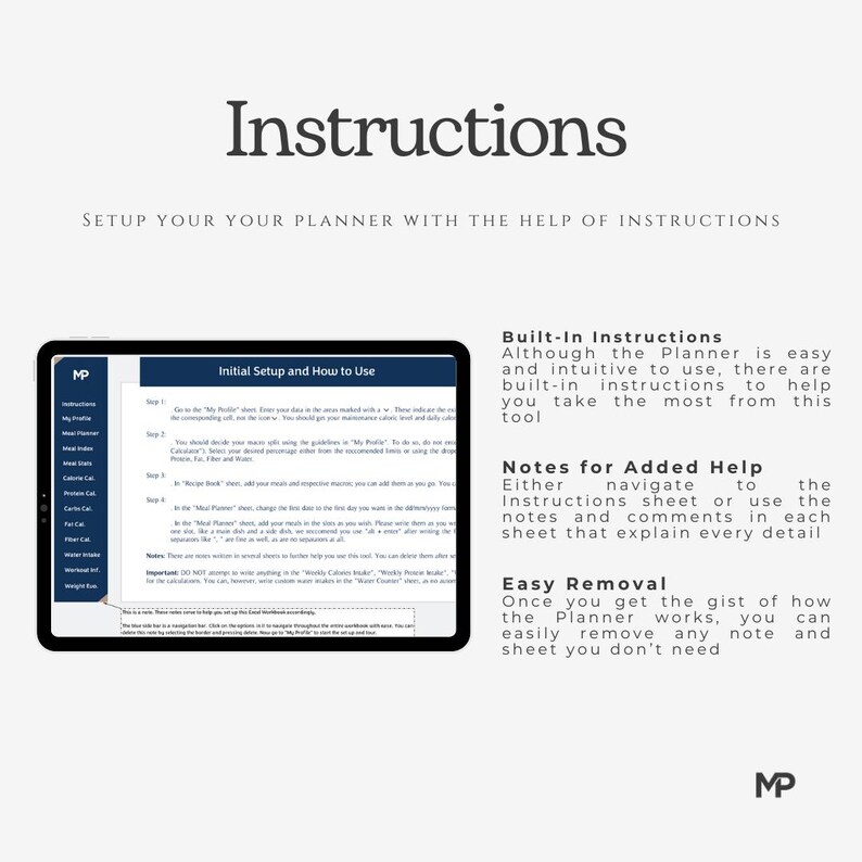 Puede incluir: Un planificador digital con instrucciones sobre c&oacute;mo configurarlo y usarlo. El planificador tiene una interfaz azul y blanca con una pesta&ntilde;a etiquetada como "Configuraci&oacute;n inicial y c&oacute;mo usar". Las instrucciones incluyen una lista de pasos y notas para obtener ayuda adicional.