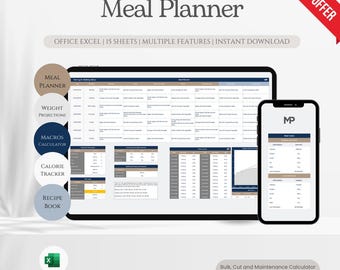 Plantilla de Excel para planificador de comidas de fitness / Seguimiento de macros y compras / Calculadora de volumen y corte / Diario de recetas / Registro de nutrición
