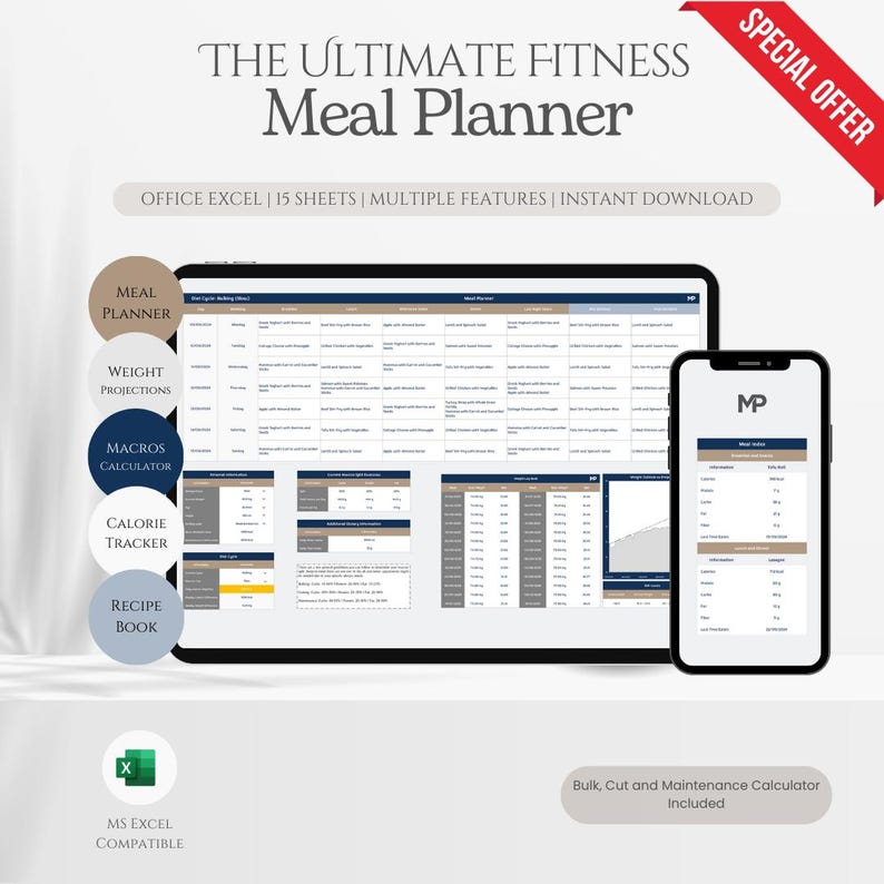 Puede incluir: Una imagen digital de una pantalla de ordenador y un tel&eacute;fono inteligente que muestra una hoja de c&aacute;lculo de planificaci&oacute;n de comidas. La hoja de c&aacute;lculo se titula "The Ultimate Fitness Meal Planner" e incluye secciones para la planificaci&oacute;n de comidas, proyecciones de peso, calculadora de macros, seguimiento de calor&iacute;as y libro de recetas. El texto "Office Excel | 15 Sheets | Multiple Features | Instant Download" se muestra debajo del t&iacute;tulo. El texto "Bulk, Cut and Maintenance Calculator Included" se muestra debajo de la imagen del tel&eacute;fono inteligente.