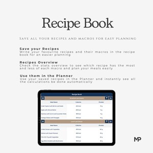 Puede incluir: Una captura de pantalla de una tableta que muestra una aplicaci&oacute;n de libro de recetas. La aplicaci&oacute;n enumera varias comidas con su contenido de calor&iacute;as y prote&iacute;nas. La aplicaci&oacute;n se titula "Recipe Book" y tiene un esquema de color azul y blanco.