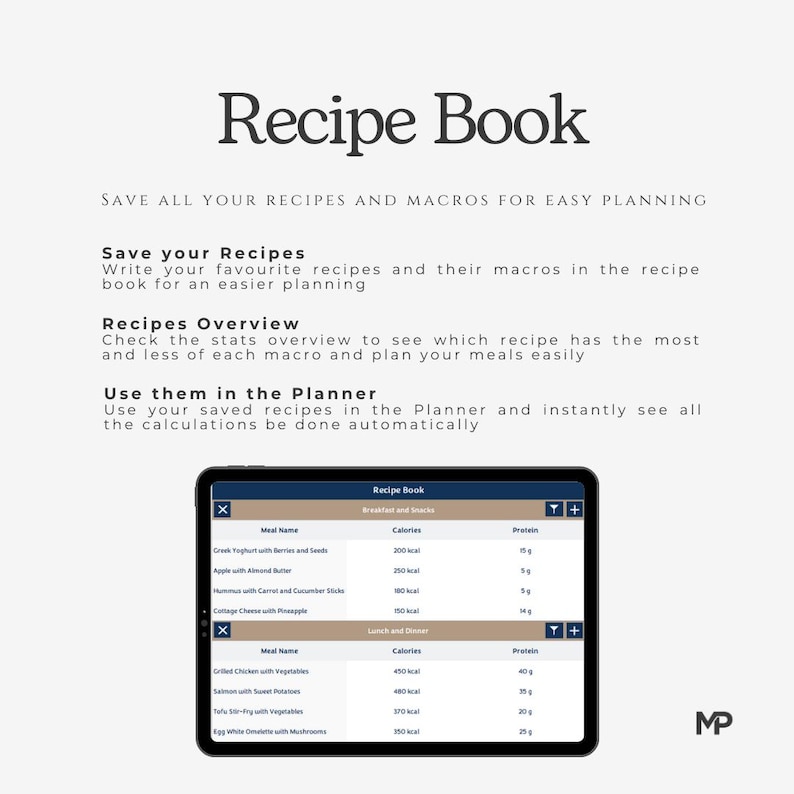Puede incluir: Una captura de pantalla de una tableta que muestra una aplicaci&oacute;n de libro de recetas. La aplicaci&oacute;n enumera varias comidas con su contenido de calor&iacute;as y prote&iacute;nas. La aplicaci&oacute;n se titula "Recipe Book" y tiene un esquema de color azul y blanco.