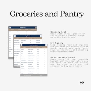 Puede incluir: Un planificador digital para organizar las compras y los art&iacute;culos de despensa. El planificador incluye secciones para una lista de compras, un inventario de la despensa y una lista de los art&iacute;culos de despensa habituales. El planificador est&aacute; dise&ntilde;ado para ayudar a los usuarios a realizar un seguimiento de sus gastos en comestibles, reducir el desperdicio de alimentos y planificar las comidas.