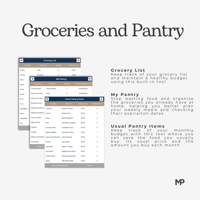 Puede incluir: Un planificador digital para organizar las compras y los art&iacute;culos de despensa. El planificador incluye secciones para una lista de compras, un inventario de la despensa y una lista de los art&iacute;culos de despensa habituales. El planificador est&aacute; dise&ntilde;ado para ayudar a los usuarios a realizar un seguimiento de sus gastos en comestibles, reducir el desperdicio de alimentos y planificar las comidas.