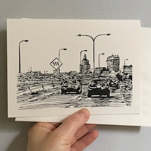 Entrée à Providence, Rhode Island, vierge à l'intérieur, carte de voeux A7 5 x 7 pouces avec enveloppe, linoléum imprimé à la main, papier 100 % recyclé