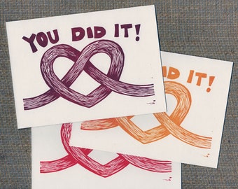 You Did It, tie the knot wedding congratulations, blank inside note card with envelope, hand printed linoleum cut, 100% recycled paper