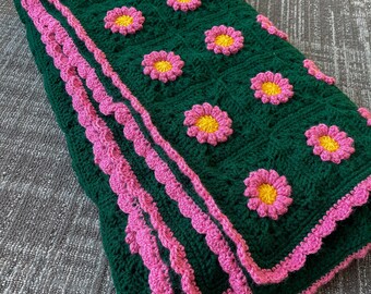 Green with Pink Flowers Throw Blanket | Crochet Granny Square Blanket