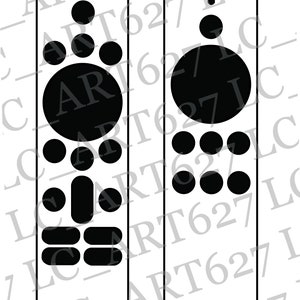 May include: Two white rectangular remote controls with black circular and rectangular buttons. The remotes have a rounded top and a series of buttons of varying sizes. The buttons are arranged in a symmetrical pattern, with a large circular button in the center.