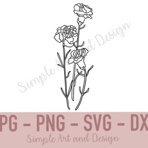 Peut inclure: Une illustration en noir et blanc au trait représentant trois œillets avec leurs tiges et leurs feuilles. L'image comprend le texte Simple Art and Design en police cursive, et le texte JPG - PNG - SVG - DXF en police sans-serif grasse.