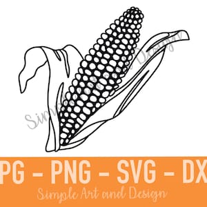 Könnte beinhalten: Eine schwarz-weiße Strichzeichnung eines Maiskolbens mit Blättern. Unter der Grafik befindet sich ein orangefarbenes rechteckiges Banner mit dem weißen Text: JPG - PNG - SVG - DXF, gefolgt von dem Text: Simple Art and Design.