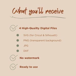 Może przedstawiać: Cyfrowa grafika informacyjna na jasnobeżowym tle z brązowym tekstem o treści What you'll receive, 4 High-Quailty Digital Files, SVG for Cricut & Silhouett, PNG transparent background, JPG, DXF, No watermark oraz Ready to use.