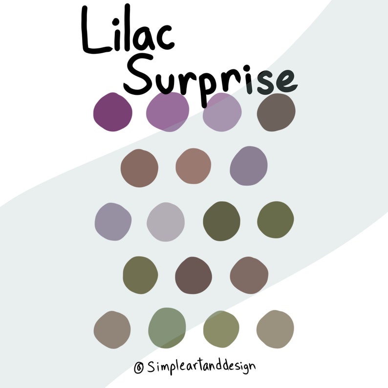 Puede incluir: Obra de arte digital titulada "Lilac Surprise" que muestra veintiuna muestras de color circulares en tonos de morado, marr&oacute;n y verde. El t&iacute;tulo est&aacute; escrito en escritura negra en la parte superior, con el nombre del artista en la parte inferior.