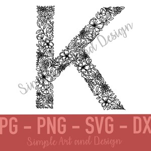 Carattere floreale: lettera K / SVG / PNG / JPG / dxf / arte della parete / arredamento della camera da letto / download digitale / lettere floreali / disegni floreali / svg floreale /