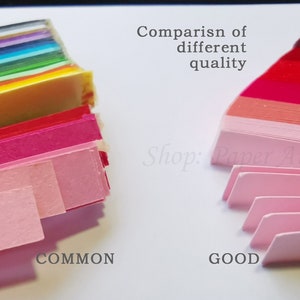 May include: Comparison of paper quality for origami. The left side shows a stack of common paper with a pink, red, and yellow colour gradient. The right side shows a stack of good quality paper with a pink, red, and burgundy colour gradient. The text "COMMON" is below the left stack and "GOOD" is below the right stack.