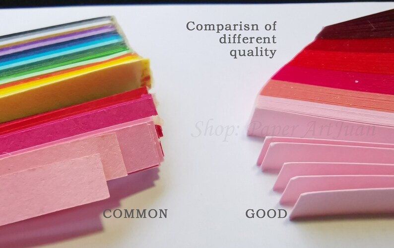 May include: Comparison of paper quality for origami. The left side shows a stack of common paper with a pink, red, and yellow colour gradient. The right side shows a stack of good quality paper with a pink, red, and burgundy colour gradient. The text "COMMON" is below the left stack and "GOOD" is below the right stack.