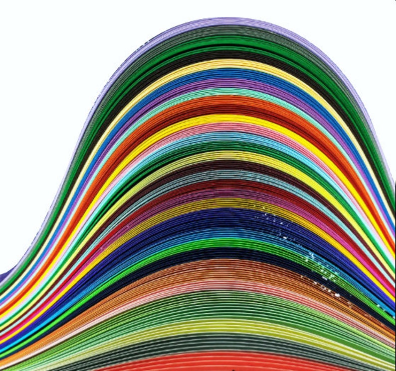 May include: A rainbow of colorful paper strips arranged in a curved shape, creating a vibrant and abstract design.