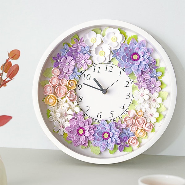 Paper Quilling Art - Flower Decorated Clock,Personalized Gift for Girls Women,Wedding Gift,Home Decor,12 inches Framed Art,Mother's day gift