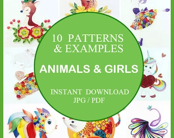 10 Animals and Girls Quill Templates,Printable JPG / PDF Quilling Patterns,Elf,Deer,Mouse,Goldfish,Peacock,Unicorn Template,Paper Art