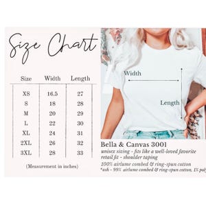 May include: Size chart for Bella + Canvas 3001 unisex t-shirts, showing width and length measurements in inches for sizes XS to 3XL. The chart includes information about the fabric composition: 100% airlume combed and ring-spun cotton, with the ash color being 99% airlume combed and ring-spun cotton and 1% polyester.