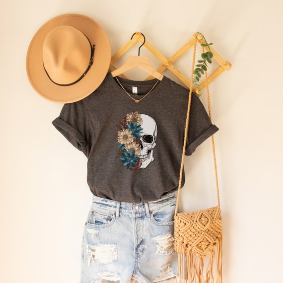 Floral Skull Shirt, skeleton shirt, halloween tshirt, skull shirt, boho skull shirt, trendy halloween tee,