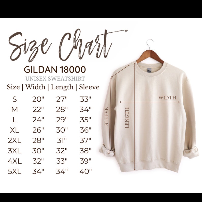 Puede incluir: Tabla de tallas para una sudadera unisex Gildan 18000. La tabla muestra las medidas en pulgadas para el ancho, la longitud y la longitud de la manga para las tallas S a 5XL.