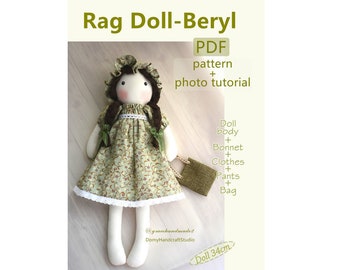 Cloth Doll PDF sewing pattern + tutorial , DIY Ragdoll pattern & tutorial, digital download PDF Pattern and Photo Tutorial