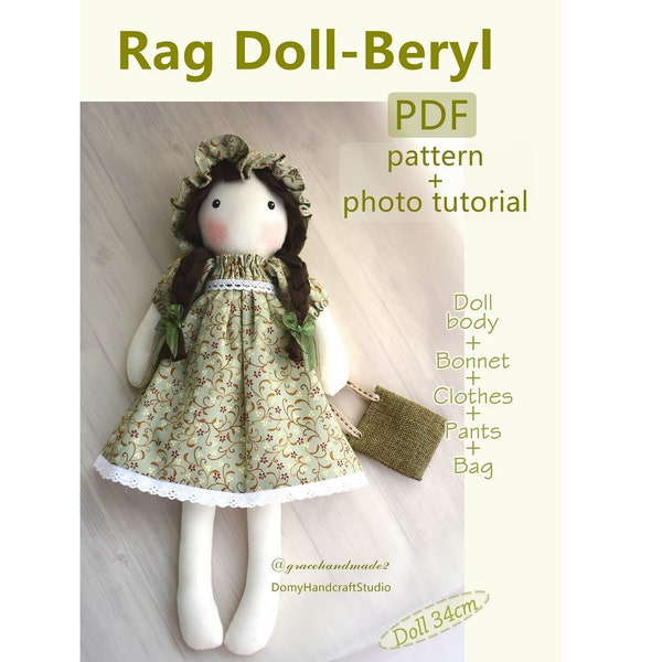 Cloth Doll PDF sewing pattern + tutorial , DIY Ragdoll pattern & tutorial, digital download PDF Pattern and Photo Tutorial