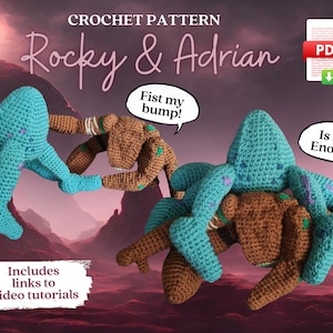 May include: A digital crochet pattern titled Rocky & Adrian featuring two amigurumi creatures. One is teal with purple spots, the other is brown with green spots. Speech bubbles read Fist my bump! and Is not Enough. Includes a PDF icon and text.