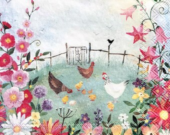 4 Single Table Paper Napkins for Decoupage Garden Flair Flowers Birds Stamp