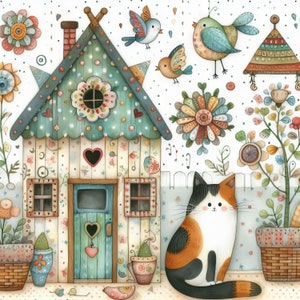 May include: A whimsical illustration of a colorful house with a cat sitting in front of it. The house has a green roof with white polka dots and a blue door. The cat is calico with orange, black, and white fur. There are flowers and plants around the house.