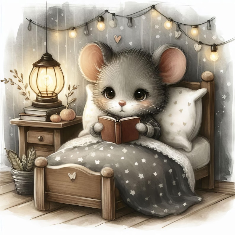 Op de afbeelding: Een schattige grijze muis met een geruit overhemd zit in een bed met een grijs en wit dekbed, terwijl hij een rood boek leest. Het bed heeft een houten frame en een wit kussen met grijze hartjes. Er hangen lichtslingers boven het bed.