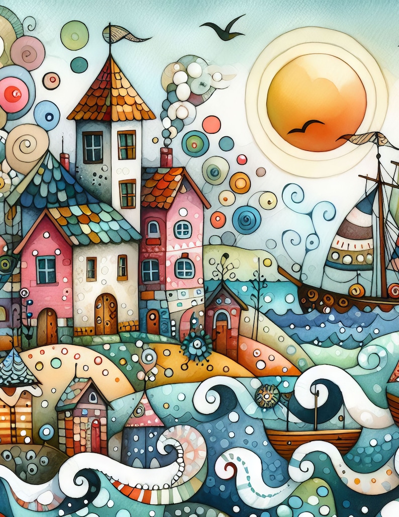 Pu&ograve; includere: Un dipinto ad acquerello di una citt&agrave; costiera fantasiosa con case colorate, una barca a vela e un sole arancione brillante. Le case hanno finestre e porte dettagliate e il mare &egrave; rappresentato da onde blu vorticose.