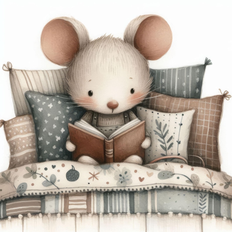 Op de afbeelding: Een schattige witte muis met bruine oren zit in een bed met een patchworkdeken en leest een boek. Het bed heeft kussens met verschillende patronen en kleuren.
