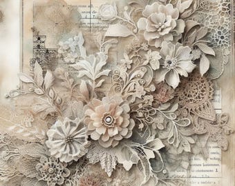 May include: A vintage-style collage featuring delicate, layered paper and lace floral elements in soft beige and cream tones. The design includes various flower types, leaves, and intricate lace patterns, with a hint of aged paper texture.
