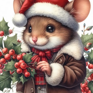May include: A charming illustration of a mouse dressed for the holidays. The mouse wears a red Santa hat with white trim, a brown coat with a fluffy white collar, and a red plaid scarf. It holds holly with red berries, creating a festive scene.