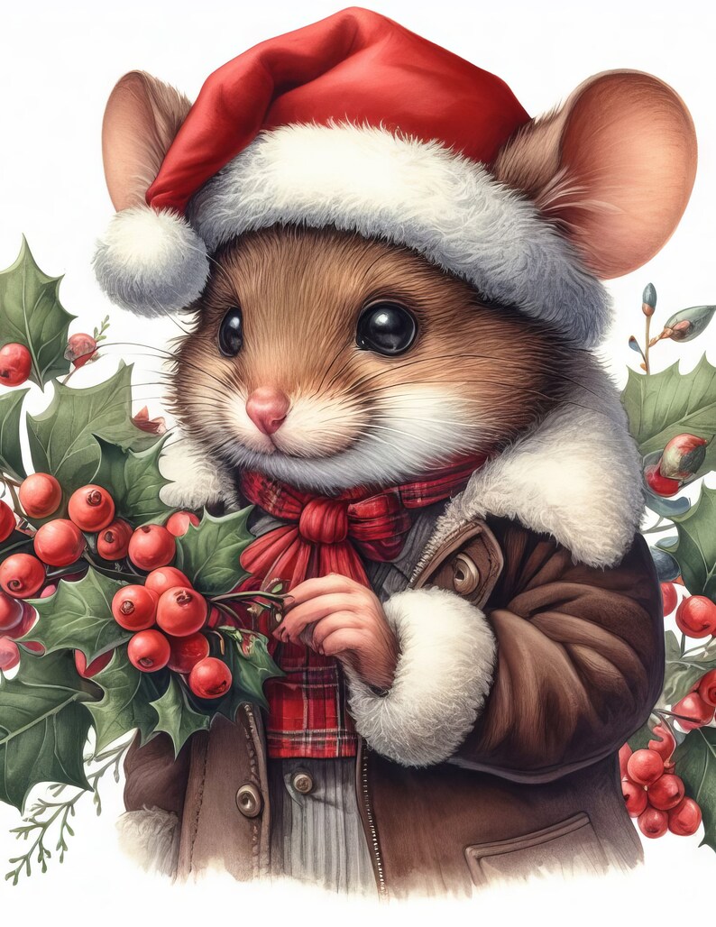 May include: A charming illustration of a mouse dressed for the holidays. The mouse wears a red Santa hat with white trim, a brown coat with a fluffy white collar, and a red plaid scarf. It holds holly with red berries, creating a festive scene.