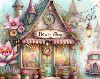 May include: A whimsical illustration of a flower shop with a sign that reads "Flower Shop". The shop has a pink and white striped awning, a teal door, and is decorated with flowers and a wreath. A vintage pink car is parked nearby.