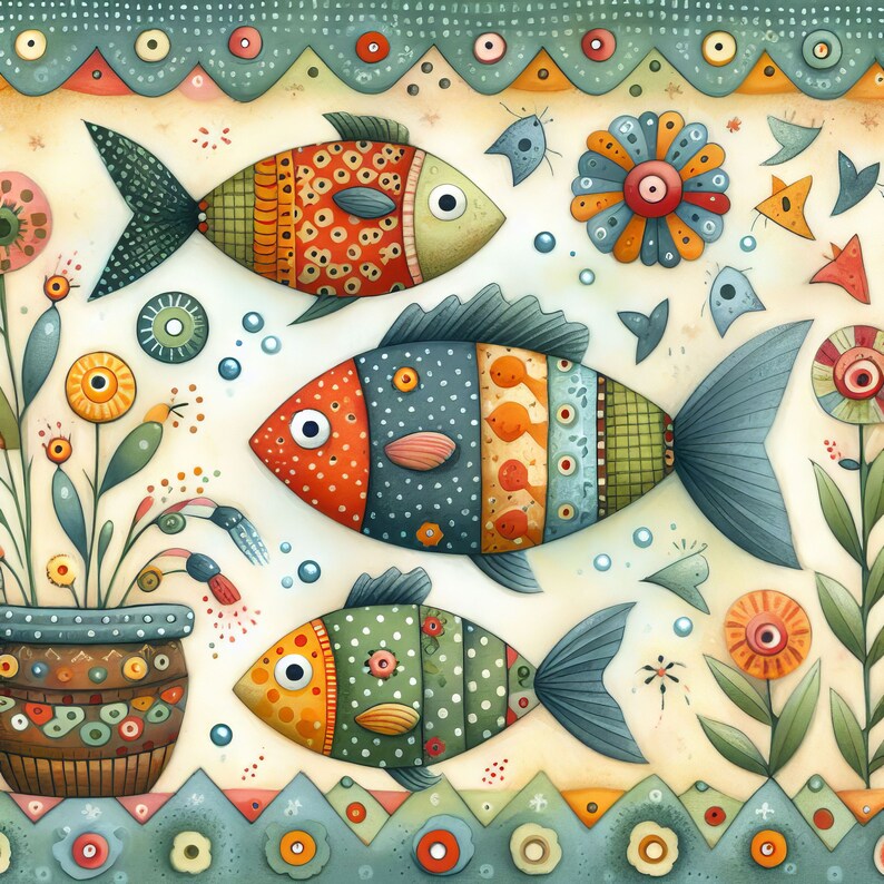 55 Images Whimsical Calico Fish: Digital Art, Printable Instant Digital ...