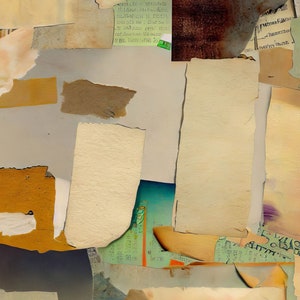 May include: A collage of torn and layered paper scraps in various shades of brown, beige, and green. The paper has a vintage, aged look and is arranged in an abstract pattern. Some of the paper scraps have text printed on them, but the text is too blurry to read.