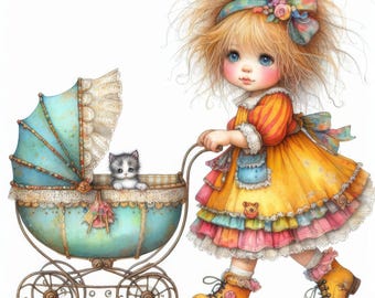 May include: A whimsical illustration of a young girl pushing a vintage baby carriage. The carriage is light blue with a kitten inside. The girl wears a yellow dress with colorful ruffles and yellow boots. A large bow adorns her hair.