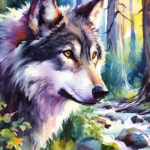 May include: A watercolor painting of a wolf in a forest setting. The wolf is looking to the right, with its head tilted slightly. The wolf is painted in shades of gray, brown, and white, with a hint of purple. The background is a blur of green and blue, with a stream of water flowing through the center.