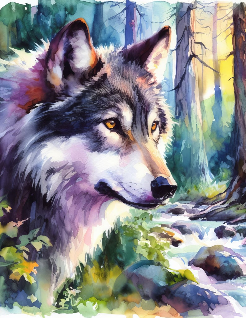 May include: A watercolor painting of a wolf in a forest setting. The wolf is looking to the right, with its head tilted slightly. The wolf is painted in shades of gray, brown, and white, with a hint of purple. The background is a blur of green and blue, with a stream of water flowing through the center.
