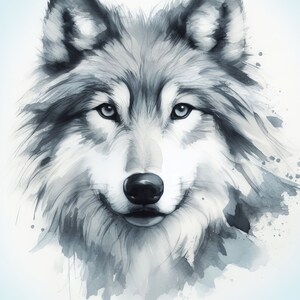 May include: A watercolor painting of a wolf's face. The wolf has a white and gray coat with black eyes and a black nose. The background is a light blue color with watercolor splatters.