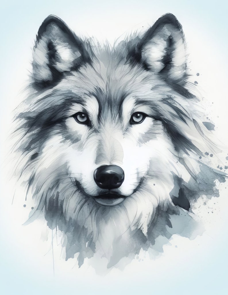 May include: A watercolor painting of a wolf's face. The wolf has a white and gray coat with black eyes and a black nose. The background is a light blue color with watercolor splatters.