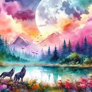 May include: Two wolves howl at the moon in a watercolor painting. The moon is large and full, and the sky is a vibrant mix of pink, purple, and yellow. The wolves are silhouetted against a lush green forest and a sparkling blue lake.