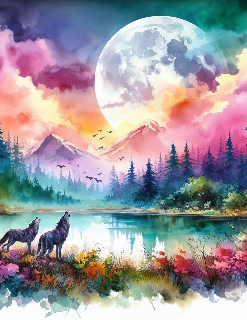 May include: Two wolves howl at the moon in a watercolor painting. The moon is large and full, and the sky is a vibrant mix of pink, purple, and yellow. The wolves are silhouetted against a lush green forest and a sparkling blue lake.