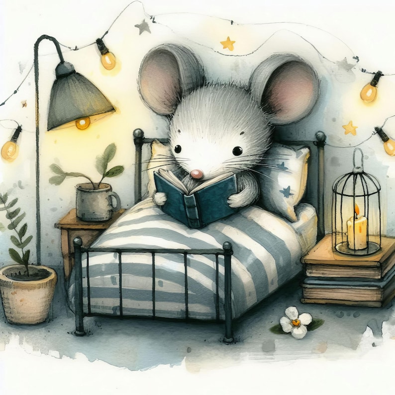 Op de afbeelding: Een grijze muis met een wit shirt zit in een bed met een blauw-wit gestreept dekbed, terwijl hij een blauw boek leest. Het bed heeft een zwart metalen frame en staat naast een nachtkastje met een lamp en een plant in een pot. Er hangen lichtslingers met gele lampjes aan het plafond.