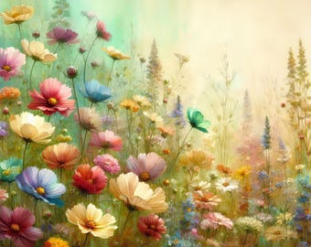 May include: A vibrant painting of a wildflower meadow. The artwork features a variety of colorful flowers in shades of yellow, pink, red, blue, and orange. The flowers are set against a soft, blurred background of green and beige.